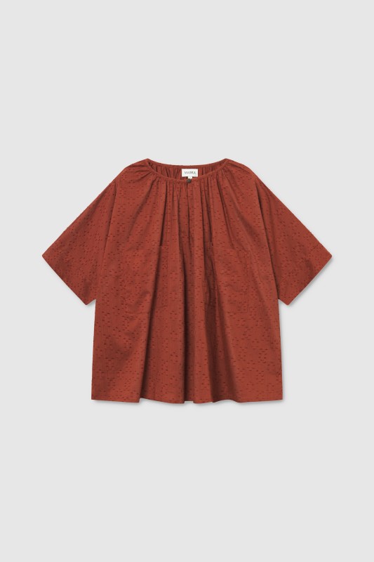YASMIN - Boxy tunic seersucker blouse, terracotta